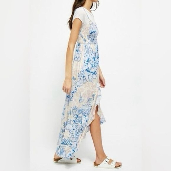 Free People Forever Yours Floral Maxi Dress M Blue Smocked Boho Fairy Vacation - Picture 6 of 14
